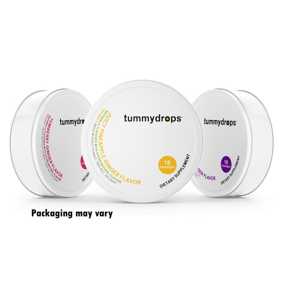 Tummydrops Variety Pack: The Organic Mellow(ish) Ginger Pack (1 tin Each Sweet BlackBerry, Yumberry, and Pineapple Ginger-Total of 54 Drops)