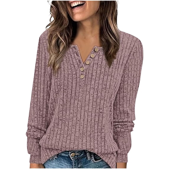 Tumotou Pullover Top for Women's Long Sleeve V-Neck Stripe Brushed Solid Color Button Placket T-Shirt Fall Tunic Blouses