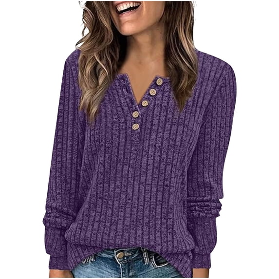 Tumotou Pullover Top for Women's Long Sleeve V-Neck Stripe Brushed Solid Color Button Placket T-Shirt Fall Tunic Blouses