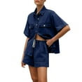 thumbnail image 1 of Tumotour 2 Piece Outfits For Women Summer Denim Sets Short Sleeve Button Down Jean Shirts High Waist Drawstring Denim Shorts Sets, 1 of 4
