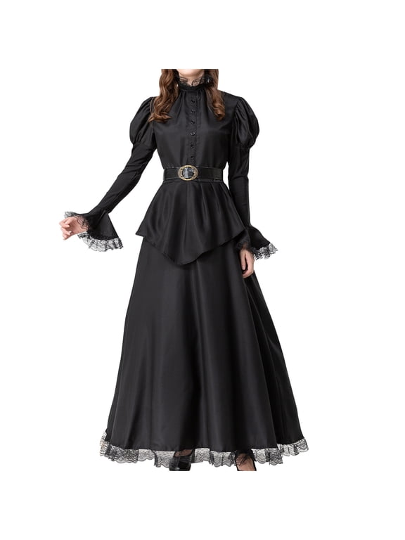 2PC Gothic Court Style Witch Dress Sets for Women's Long Puff Sleeves Belt Tunic Top with A-Line Lace Skirt Gothic Halloween Outfit