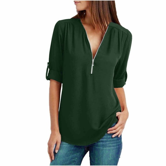 Tumotour 3/4 Roll Sleeve Tops For Women Zip V-Neck Plus Size Tunic Tops Shirt Casual Trendy Business Work Tops Half Sleeve Chiffon Blouses