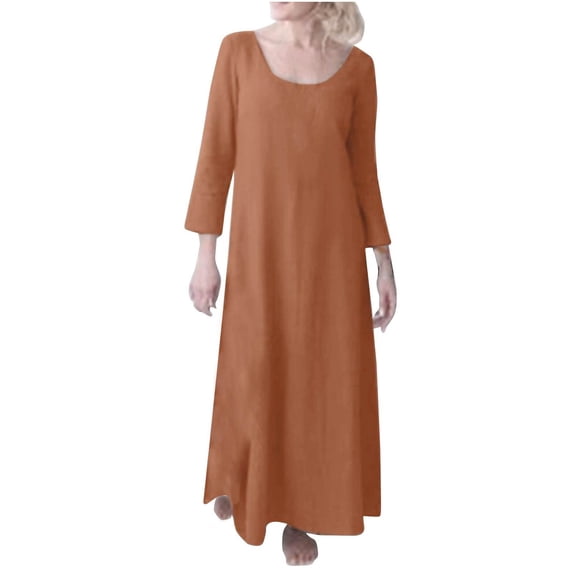 Tumotour 3/4 Sleeve Cotton Linen T-Shirt Dress for Women's Square Neckline A-Line Long Dress Plus Size Fall Tunic Dress