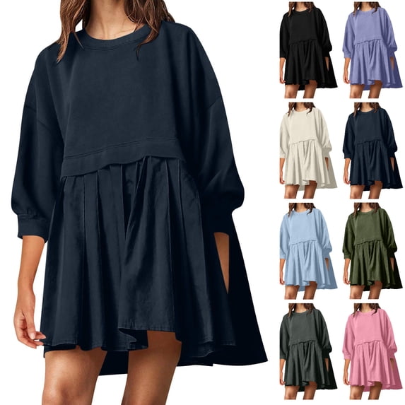 Tumotour 3/4 Sleeve Summer T-Shirt Dress for Women's Ruffled Pleated Hem Patchwork Crew Neck Mini Dress Casual Loose Beach Sundress
