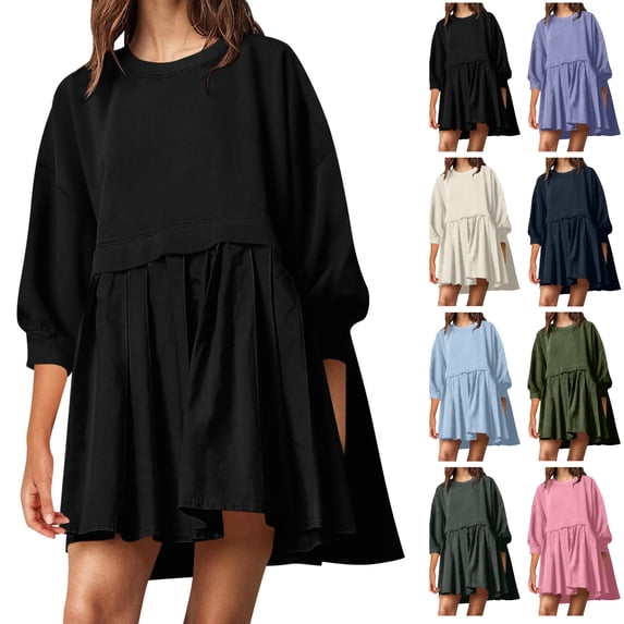 Tumotour 3/4 Sleeve Summer T-Shirt Dress for Women's Ruffled Pleated Hem Patchwork Crew Neck Mini Dress Casual Loose Beach Sundress