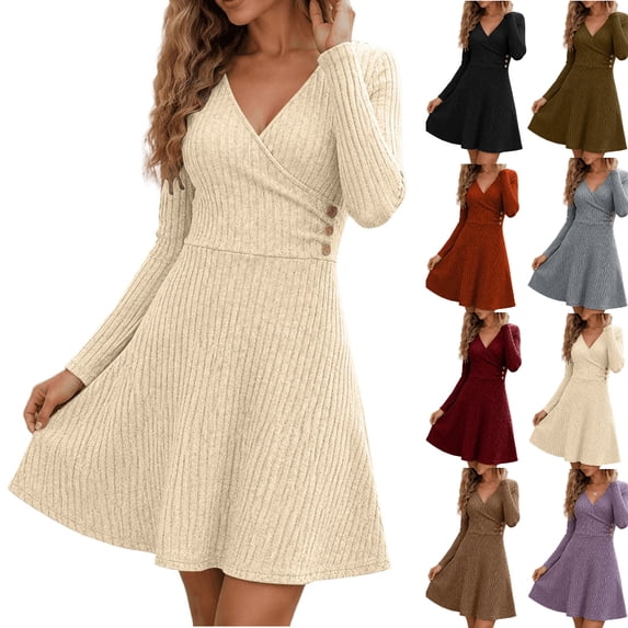 Tumotour A-Line Mini Dress for Women's Plus Size Ribbed Long Sleeve V-Neck Wrap Dress Fall Tunic Dress With Decorative Buttons And Flared Hem