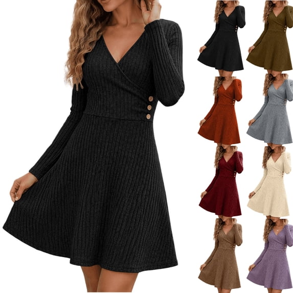 Tumotour A-Line Mini Dress for Women's Plus Size Ribbed Long Sleeve V-Neck Wrap Dress Fall Tunic Dress With Decorative Buttons And Flared Hem
