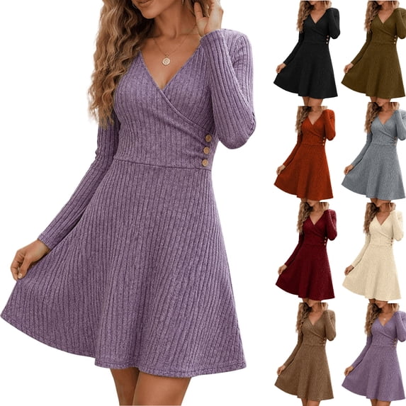 Tumotour A-Line Mini Dress for Women's Plus Size Ribbed Long Sleeve V-Neck Wrap Dress Fall Tunic Dress With Decorative Buttons And Flared Hem