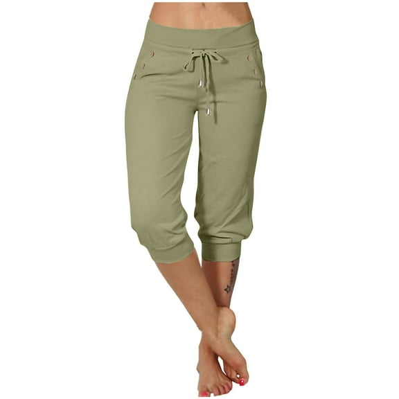Tumotour Athletic Pants For Women Solid Color Casual Cropped Pants Tight High Waist Pants Beach Pants Drawstring Button Pocket Athletic Pants