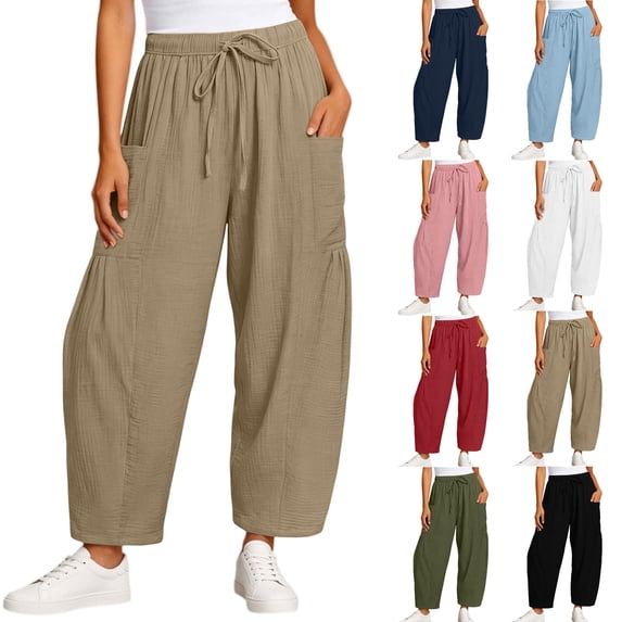 Tumotour Athletic Workout Running Pants for Women Elastic Waist Drawstring Wide-Leg Pants Slacks Summer Beach Trousers with Pocket