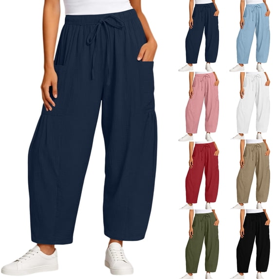 Tumotour Athletic Workout Running Pants for Women Elastic Waist Drawstring Wide-Leg Pants Slacks Summer Beach Trousers with Pocket