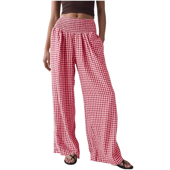 Tumotour Athletic Workout Running Pants for Women Plaid Wide-Leg Pants Summer Beach Trousers with Pocket Stretch Waist Slacks