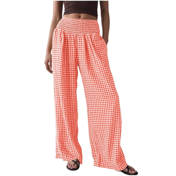 Tumotour Athletic Workout Running Pants for Women Plaid Wide-Leg Pants Summer Beach Trousers with Pocket Stretch Waist Slacks