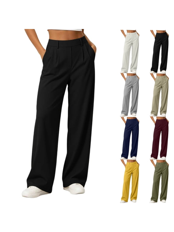 Business Pant for Women Plus Size Stretchy Pleated Pull On Dress Trousers High Waist Elastic Wide-Leg Pants Work Trousers with Pocket