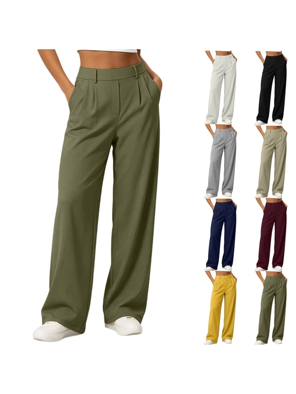 Business Pant for Women Plus Size Stretchy Pleated Pull On Dress Trousers High Waist Elastic Wide-Leg Pants Work Trousers with Pocket