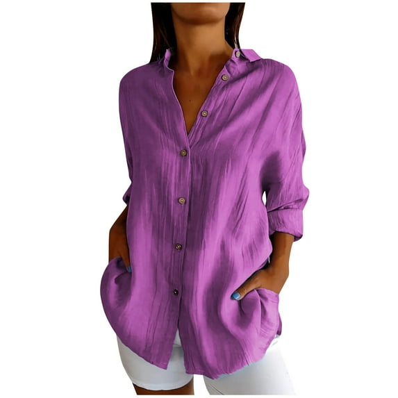 Tumotour Button Shirts For Women Lapel Crew Neck Long Sleeve Button Down Blouse Oversized 2024 Fall Fashion Casual Solid Color Loose Fit Cotton Line Textured Collared Work Tops