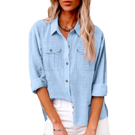 Tumotour Button Down Shirts For Womens Dress Shirts Roll Up Long Sleeve Collared Blouses Roll Sleeve Tops Lapel Neck Work Businesslinen Shirts Textured Top Work Tunic Tops With Pockets