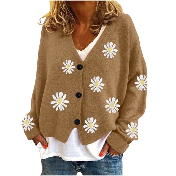 Tumotour Cardigan Sweaters For Women Buttons Floral Print V Neck Long Sleeve Rib Knit Open Front Knit Cardigan Sweaters Womens Fall Fashion 2024 Casual Loose Fashion Cute Tops