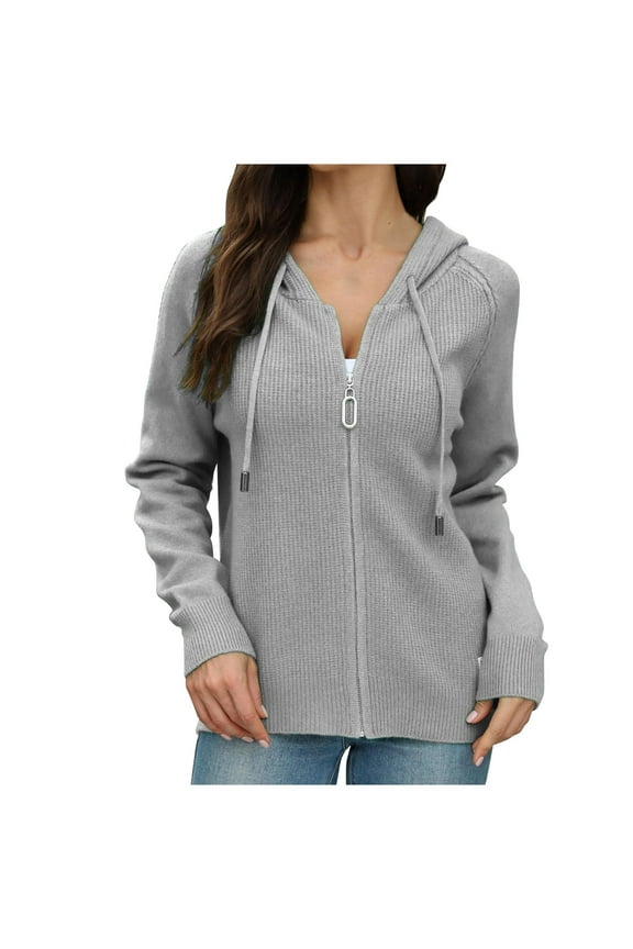 Cardigan Sweaters For Women Zipper Drawstring Rib Knit Long Sleeve Crew Neck Open Front Knit Cardigan Casual Loose Solid Color Slouchy Drawstring Hooded Sweater Coat Outwear