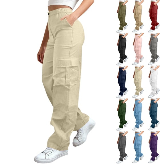 Tumotour Cargo Pants for Women Plus Size Zipper Button Cuffed Pants Elastic Waist Athletic Workout Running Joggers with Pocket Full Length Pants