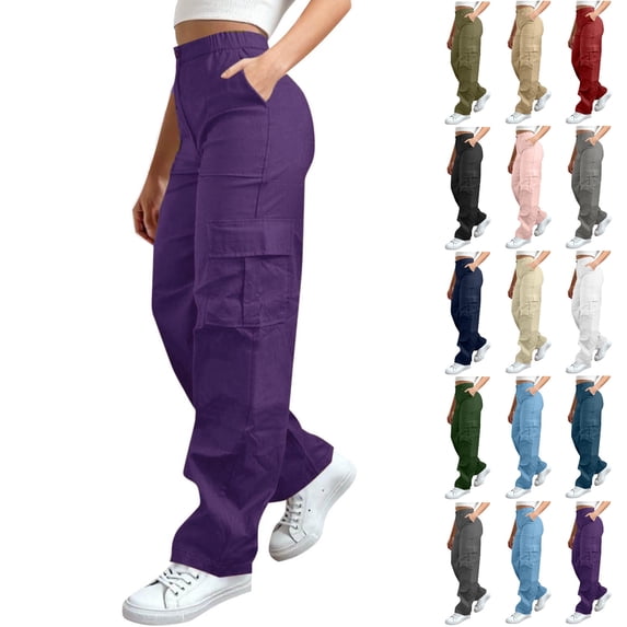 Tumotour Cargo Pants for Women Plus Size Zipper Button Cuffed Pants Elastic Waist Athletic Workout Running Joggers with Pocket Full Length Pants