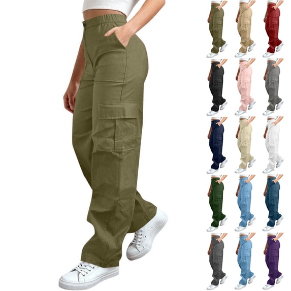 Tumotour Cargo Pants for Women Plus Size Zipper Button Cuffed Pants Elastic Waist Athletic Workout Running Joggers with Pocket Full Length Pants