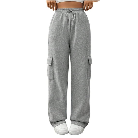 Tumotour Cargo Sweatpants For Women Casual Solid Color Loose Drawstring Elastic High Waist Multi Pockets Fleece Running Fitness Joggers Straight Leg Pants