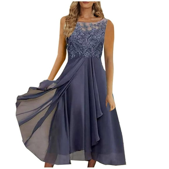Tumotour Chiffon Lace Dresses for Women Long Elegant Ruffle Formal Evening Gown with Sleeves Round Neck Mesh Waist Party Dresses