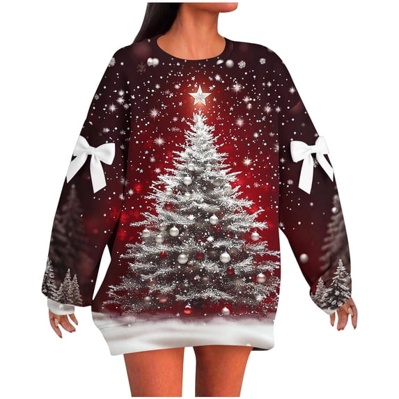 Tumotour Christmas Sweater for Women Pullover Tops Fall Tunic Blouse Hoodless Sweatshirt Women's Fashionable And Christmas Comfortable Holiday Style Real Bow Loose ShoulderRegular Solid Color Top