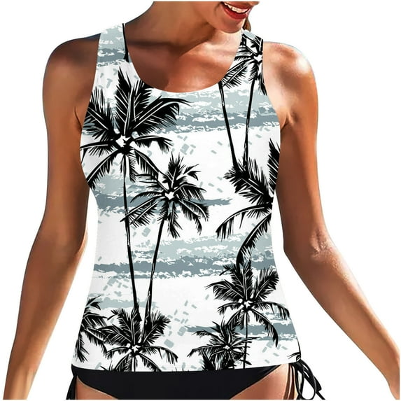 Tumotour Classic Print High Neck Bathing Suit For Women Modest Swim Square Neck Ruffle Modest Swimsuit Tank Top No Bottom