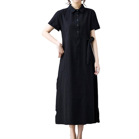 Tumotour Linen Dress For Women Solid Color Button Down Shirt Dress Casual Loose V Neck A-Line Long Tunic Dresses With Pockets