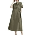 thumbnail image 1 of Tumotour Linen Dress For Women Solid Color Button Down Shirt Dress Casual Loose V Neck A-Line Long Tunic Dresses With Pockets, 1 of 8