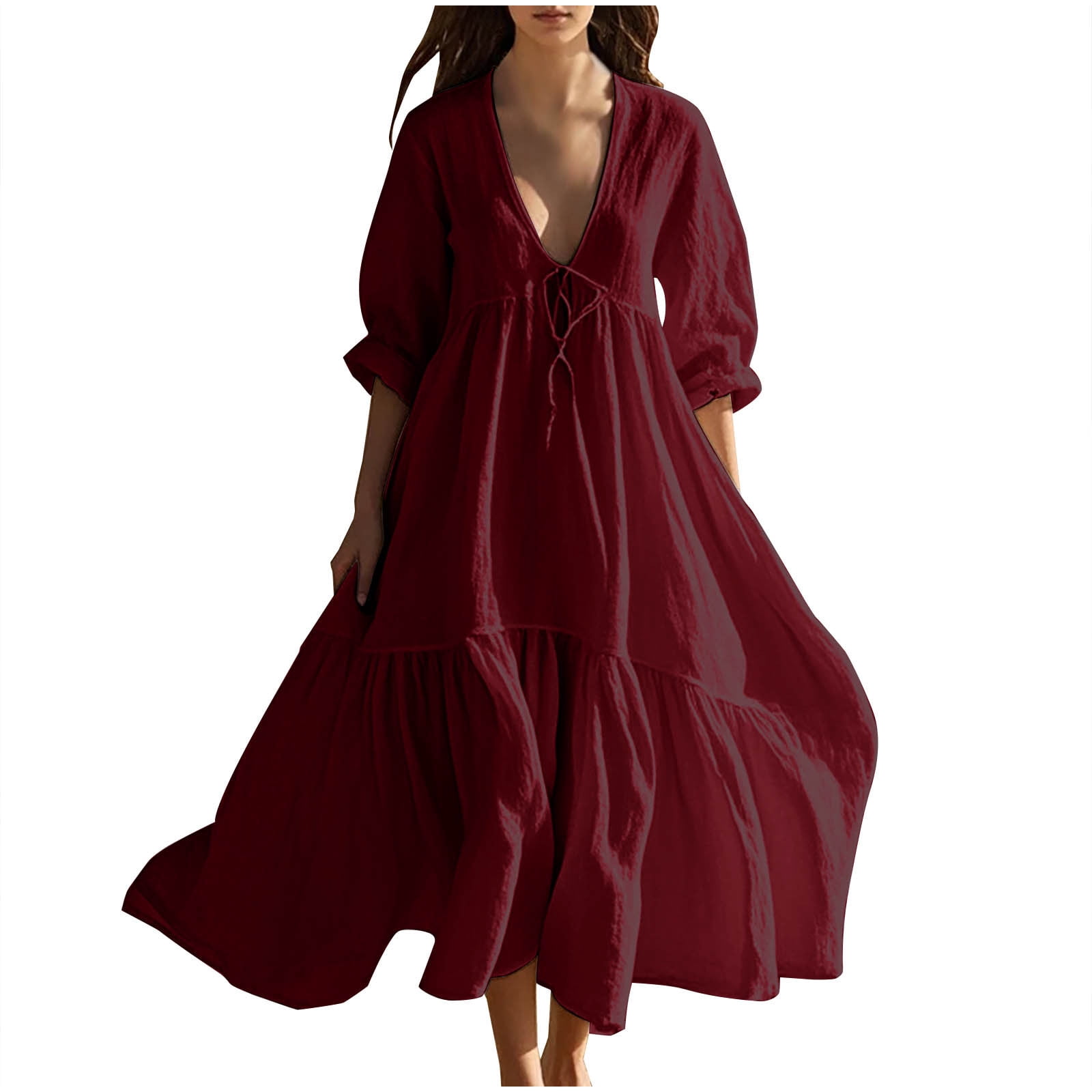 Tumotour Linen Dress For Women Summer Casual Short Sleeve Deep V Neck Floral Maxi Dresses Beach Photoshoot Flowy Ruffle Long Dress, Women's, Size: 2XL