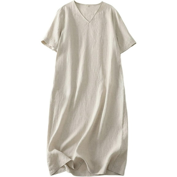 Tumotour Linen Fress For Women Solid Color Midi Dress V Neck Short Sleeve Causal Loose Tshirt Dresses Summer