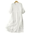 thumbnail image 1 of Tumotour Linen Fress For Women Solid Color Midi Dress V Neck Short Sleeve Causal Loose Tshirt Dresses Summer, 1 of 6