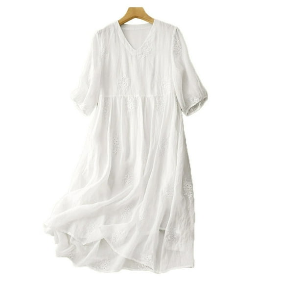 Tumotour Linen Fress For Women Solid Color Midi Dress V Neck Short Sleeve Causal Loose Tshirt Dresses Summer