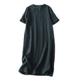 thumbnail image 1 of Tumotour Linen Fress For Women Solid Color Midi Dress V Neck Short Sleeve Causal Loose Tshirt Dresses Summer, 1 of 8