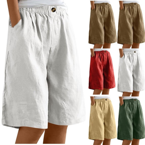 Tumotour Plus Size Linen Shorts for Women's Elastic Waist Buttons Wide-Leg Shorts Summer Bermuda Shorts with Pockets