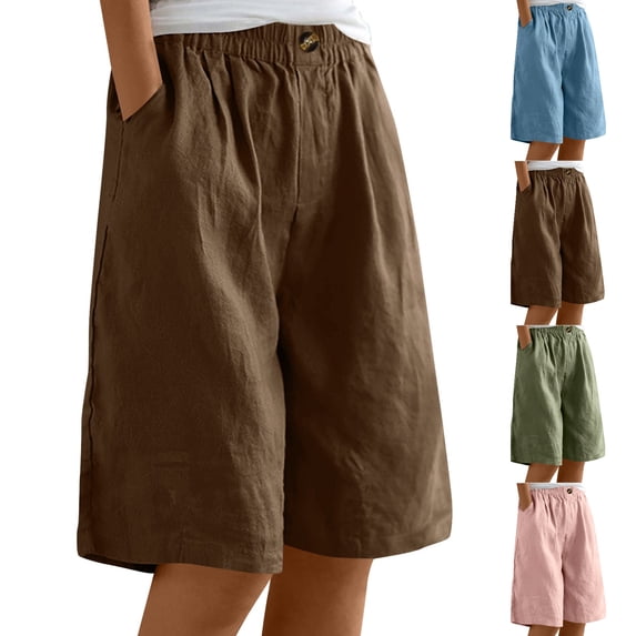 Tumotour Plus Size Linen Shorts for Women's Elastic Waist Buttons Wide-Leg Shorts Summer Bermuda Shorts with Pockets