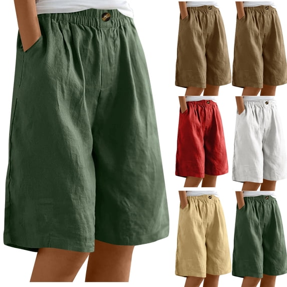 Tumotour Plus Size Linen Shorts for Women's Elastic Waist Buttons Wide-Leg Shorts Summer Bermuda Shorts with Pockets