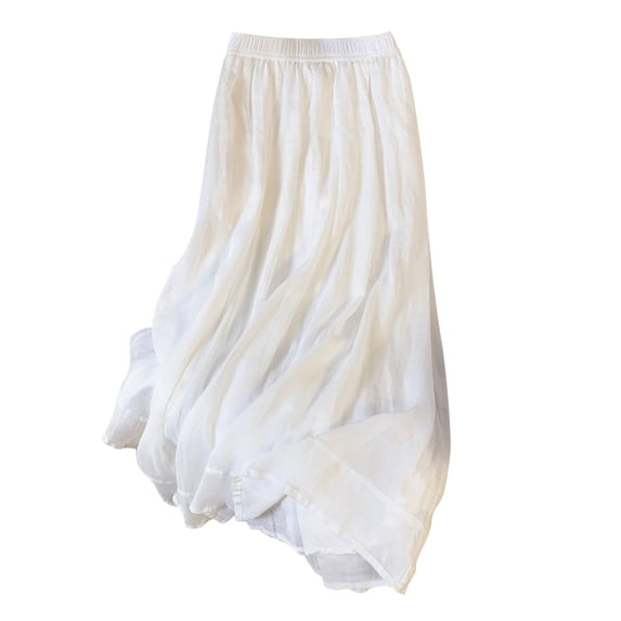 Tumotour Linen Skirt For Women Solid Color High Elastic Waist Plain Long Maxi Casual Layered Pleated Flowy Long Skirt