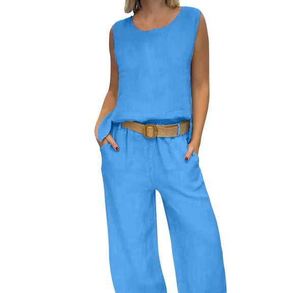 Tumotour Linen Two Piece Sets For Women Sleeveless Pullover Top And Button Wide-Leg Pants, Lightweight Casual Spring Outfit