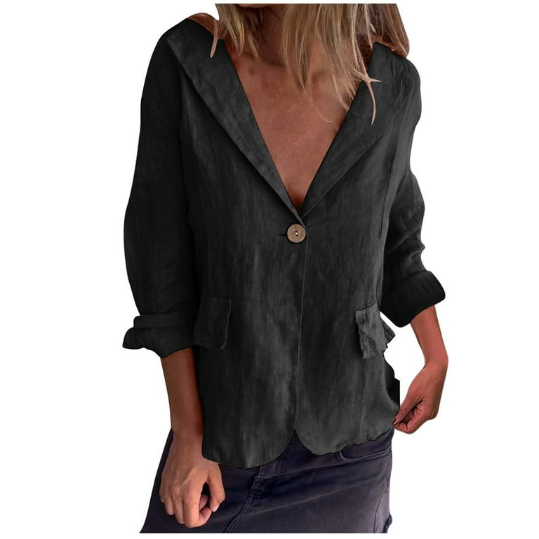 Tumotour Cotton Linen Blazer Jackets For Womens Long Sleeve Loose