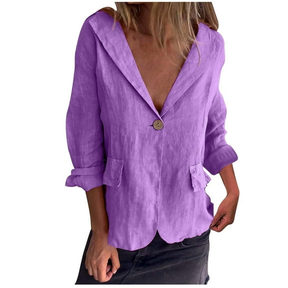 Tumotour Cotton Linen Blazer Jackets For Womens Long Sleeve Loose Casual One Button Open Front Lightweight Business Linen Cardigan Jacket Coat Tops