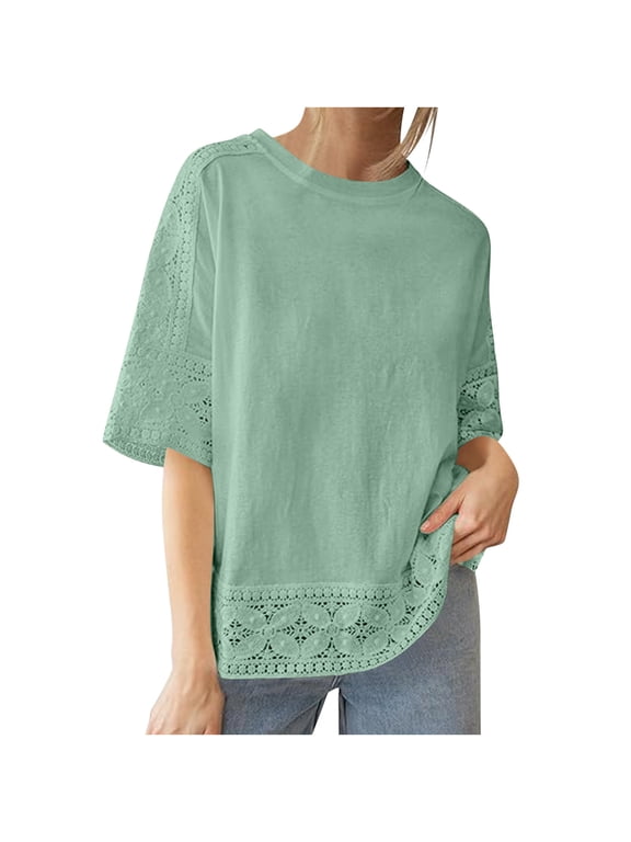 Linen Shirts For Women 3/4 Sleeve Crew Neck Vintage Lace Crochet Blouse Casual Solid Color Loose Chiffon Blouses