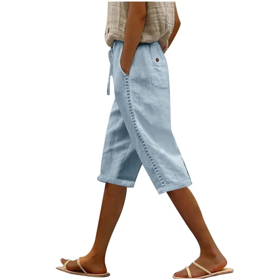 Tumotour Linen Shorts For Women Half Shorts Pants Elastic High Waist Buttons Casual Pants With Pocket Shorts Summer Beach Shorts Stretchy Pants