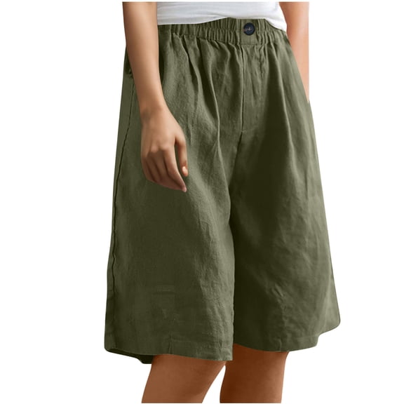 Tumotour Linen Shorts For Women Half Shorts Pants Elastic High Waist Buttons Casual Pants Without Pocket Shorts Summer Beach Shorts Wide Leg Shorts