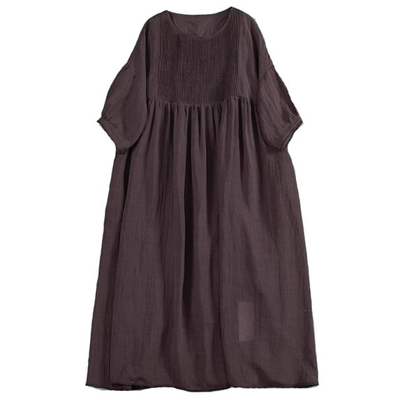 Tumotour Cottton And Linen Dress For Women 2025 Spring Summer Loose Crewneck Puff Sleeve Elegant Pleated High Waist Mini Dresses