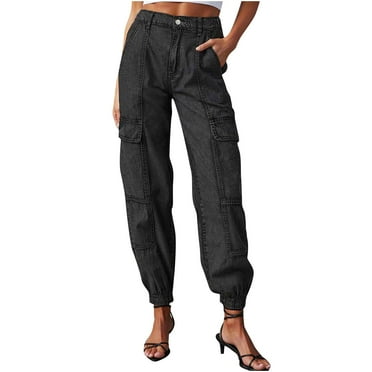 Tumotour Denim Cargo Pants For Women Casual Solid Color Loose Button Elastic High Waist Multi Pockets Foot Binding Fashionable Workwear Denim Pants