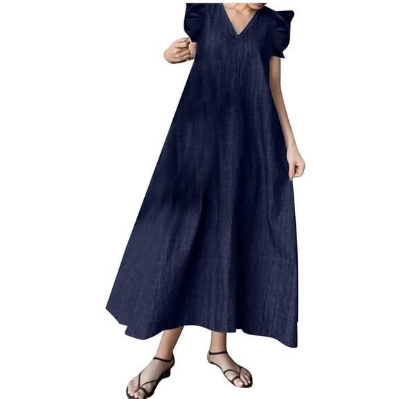 Tumotour Denim Dress For Women Summer Ruffle Sleeveless V Neck Jean Long Dress Blue Casual Loose Jean Maxi Dress 2025